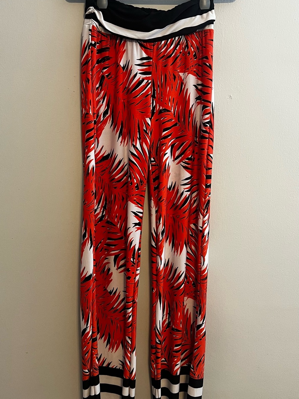 Boston Proper Tropical Palm Print Palazzo Pants Wide Leg Knit Striped Hem XS